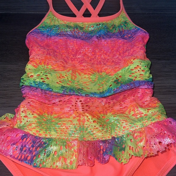 Toddler fluorescent metallic like multicolor rainbow crisscross strap swimsuit - Picture 2 of 9